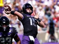 TCU quarterback Max Duggan (15) throws downfield against Oklahoma during the first half of...