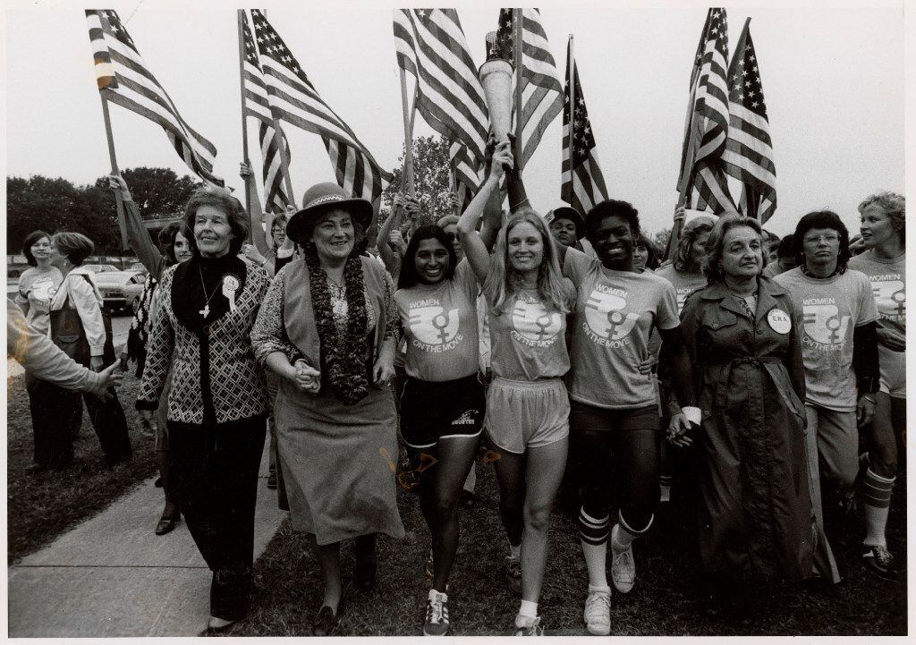 Bella Abzug (second from left), Betty Friedan (third from right) and Billie Jean King...