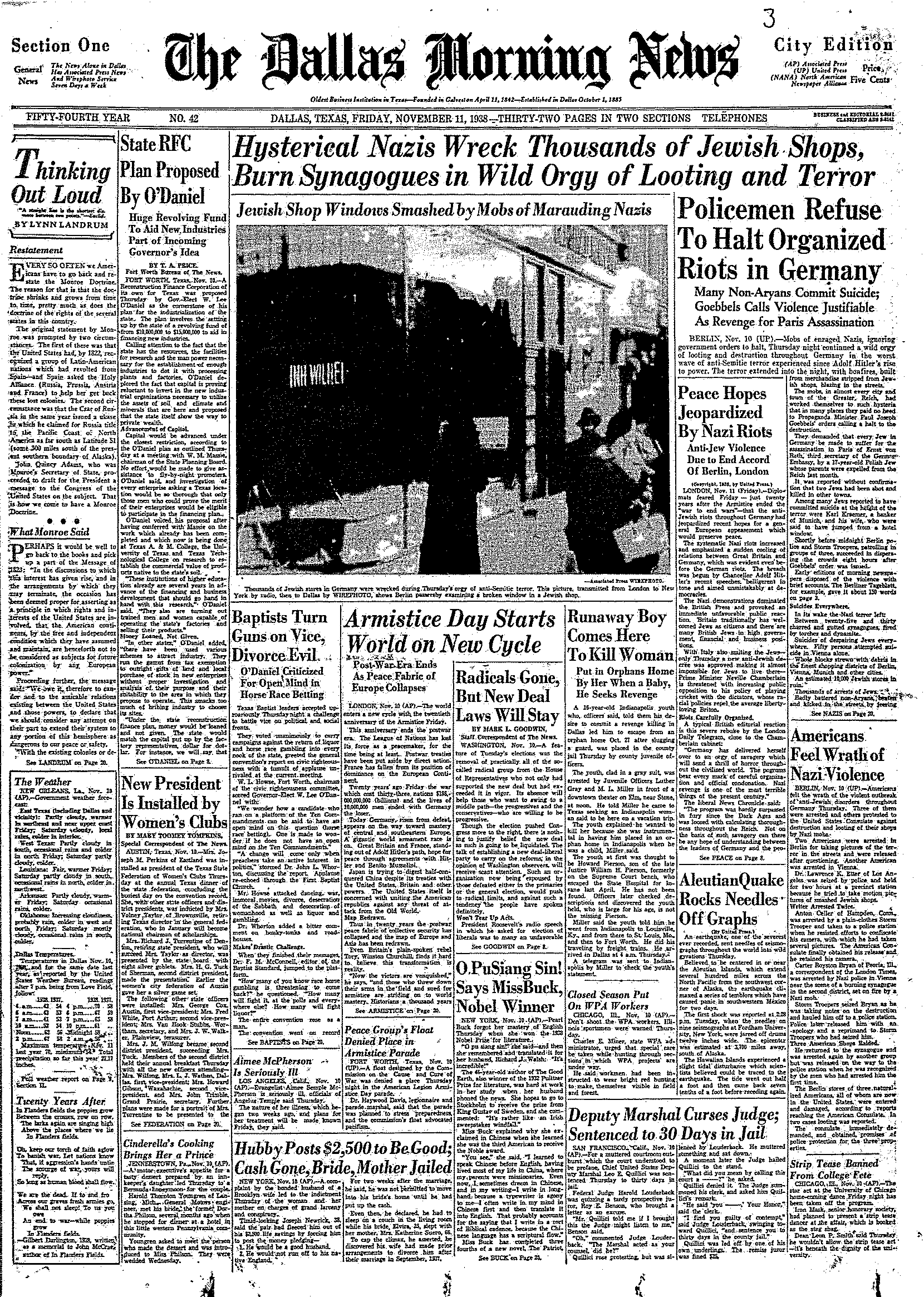 Front page of The Dallas Morning News on Nov. 11, 1938.