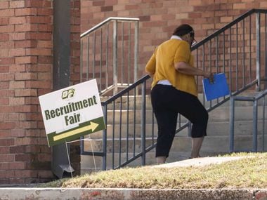 The DeSoto Independent School District hold a job fair to hire teachers and aides at the Amber Terrace Elementary School in DeSoto on Thursday, August 26, 2021. (Lola Gomez/The Dallas Morning News)