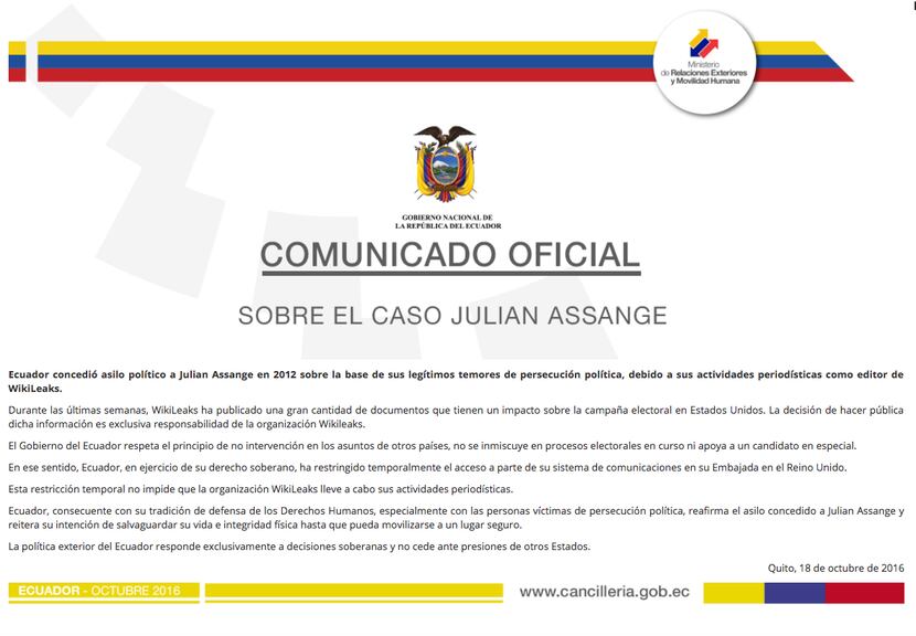 El comunicado de prensa del Ecuador. (FOTO DE PANTALLA)