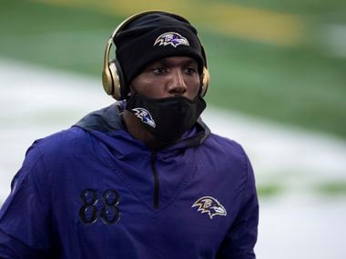 Baltimore Ravens wide receiver Dez Bryant (88) warms up before the NFL football game between the Indianapolis Colts and Baltimore Ravens, Sunday, Nov. 8, 2020, in Indianapolis.