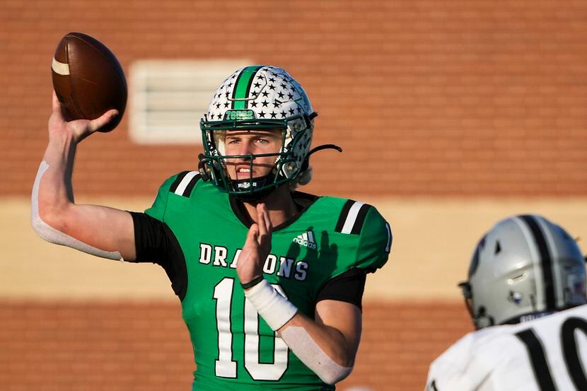 Southlake Carroll quarterback Graham Knowles throws a pass during the second half of the...
