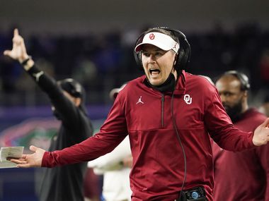 Oklahoma head coach Lincoln Riley argues for a call on the sidelines during the first half of the Cotton Bowl Classic against Florida at AT&T Stadium on Wednesday, Dec. 30, 2020, in Arlington. (Smiley N. Pool/The Dallas Morning News)