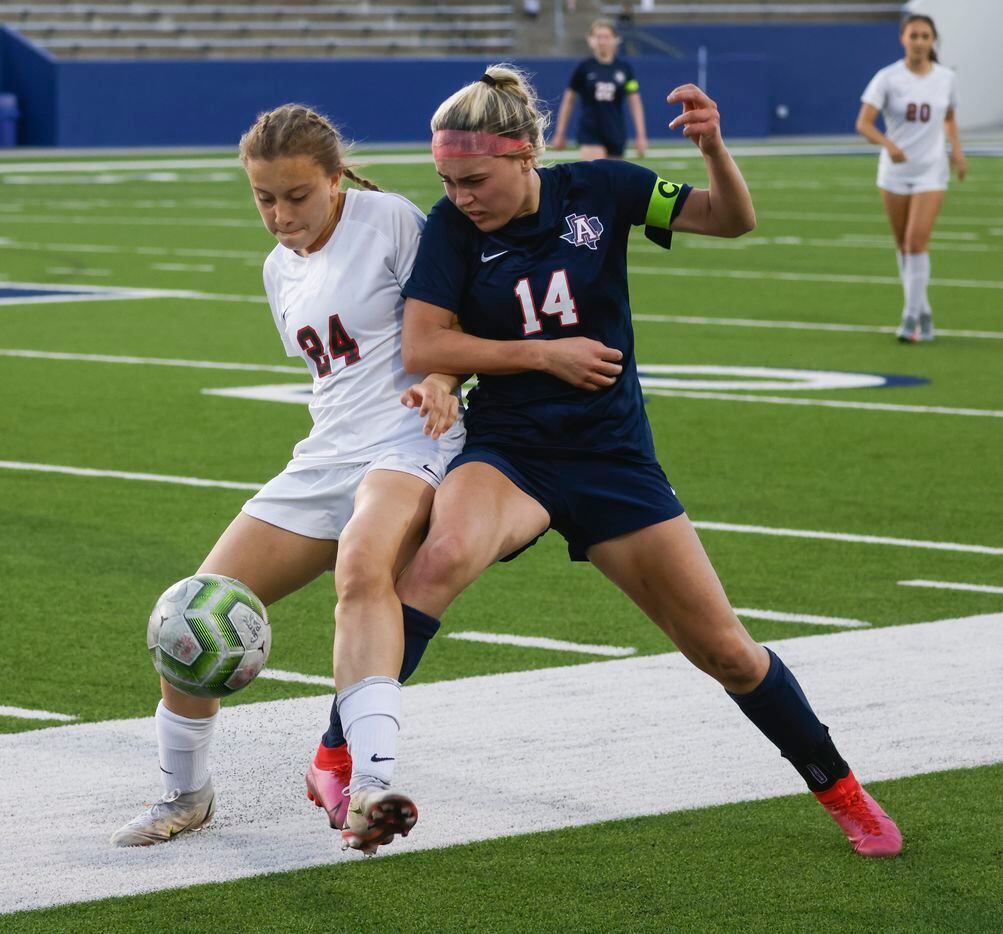 Allen’s Morgan Chapman, right and Coppell’s Monica Morales fights for possession during the...