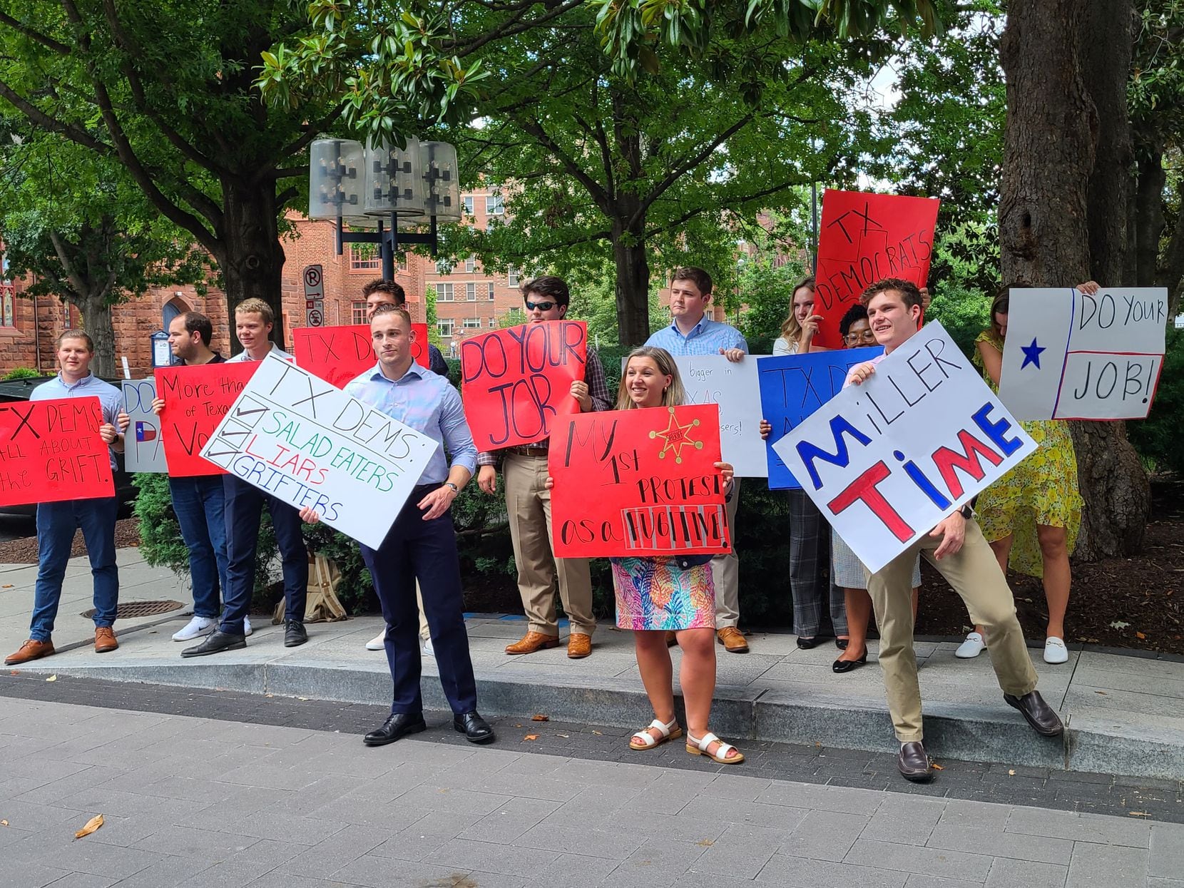 Staff from the Republican National Committee demonstrate on July 14, 2021, outside the...