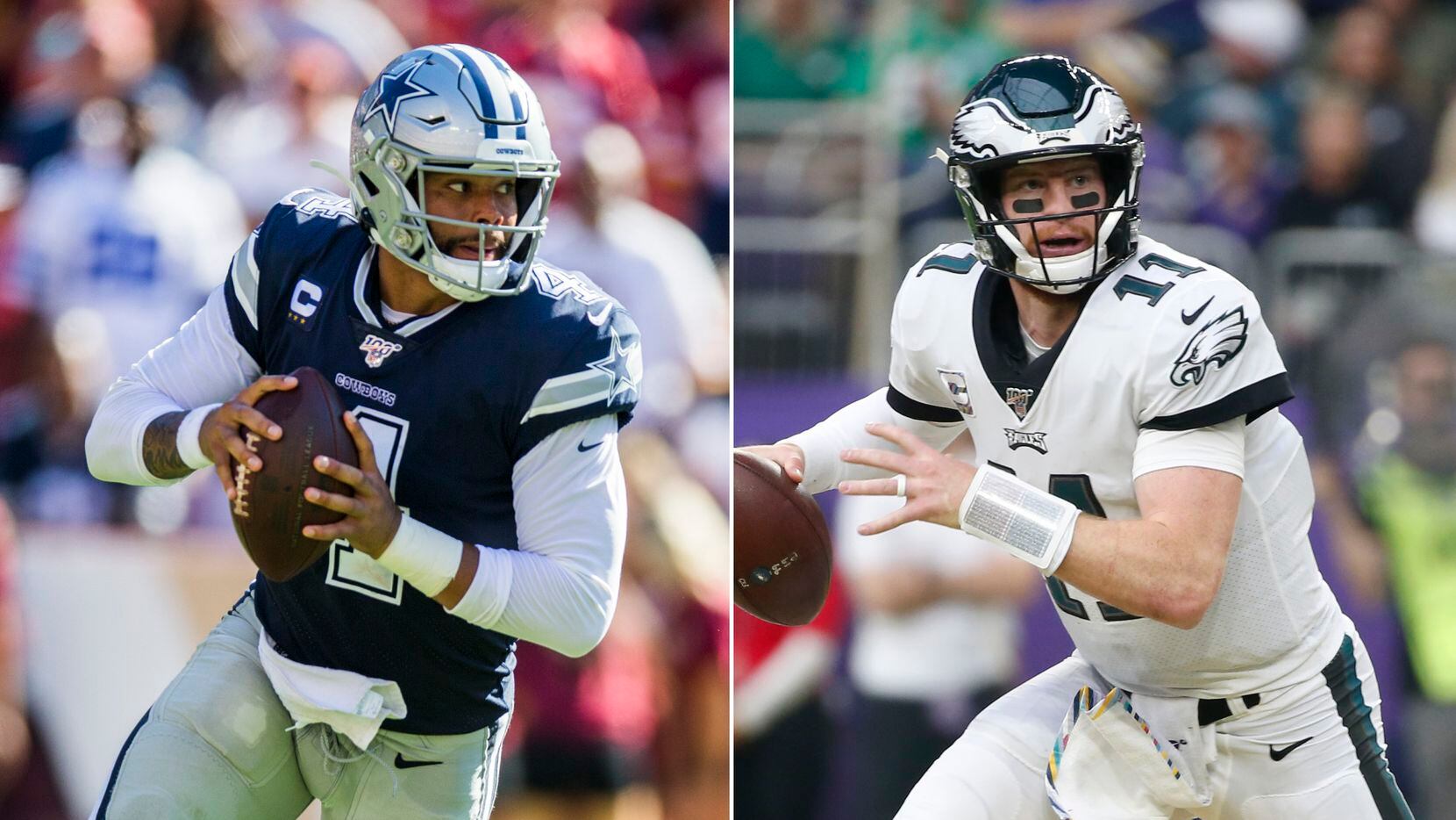 Left: Dallas Cowboys quarterback Dak Prescott (Ashley Landis/The Dallas Morning News) | Right: Philadelphia Eagles quarterback Carson Wentz