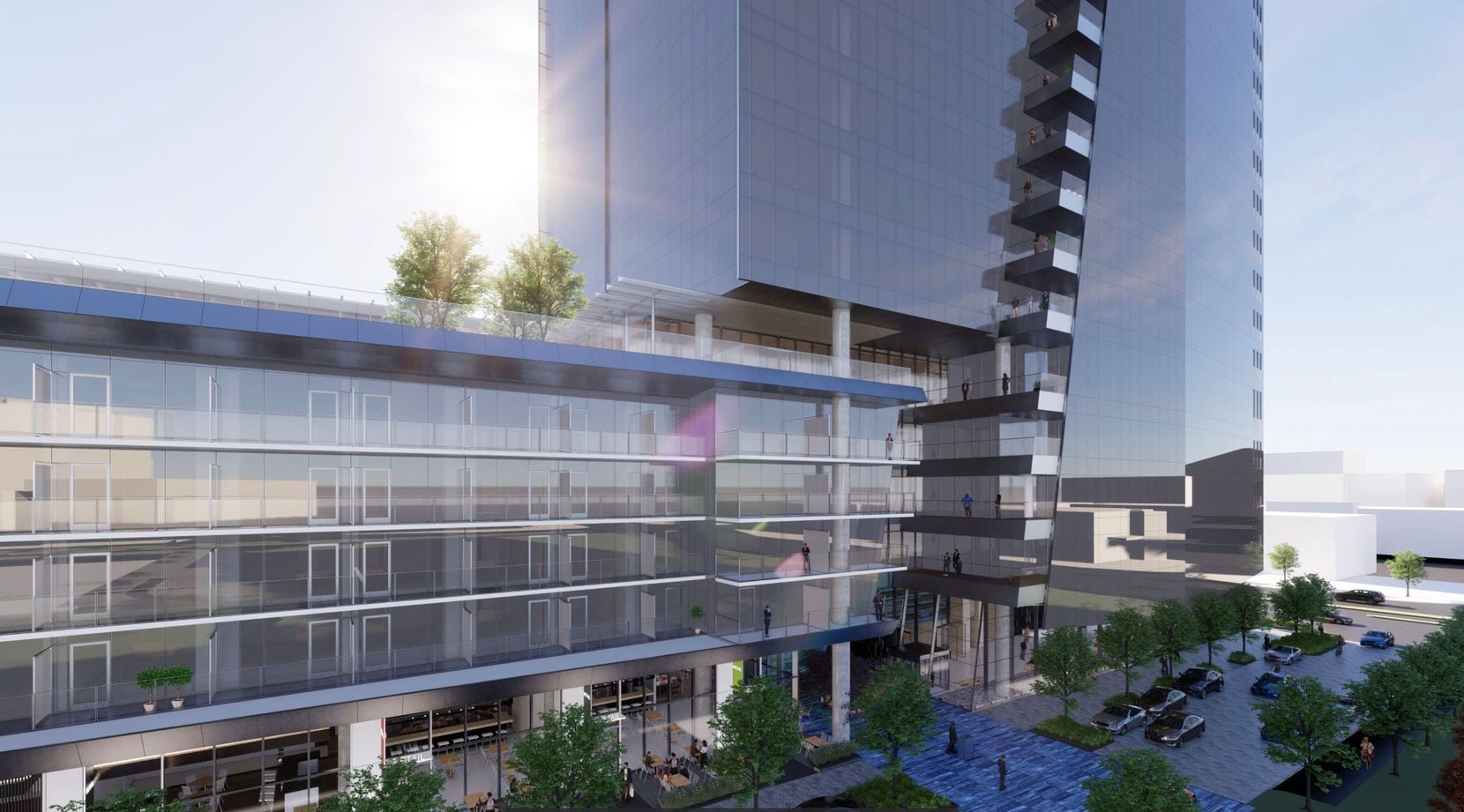 The Hall Park project will include a 16-story office tower with balconies.