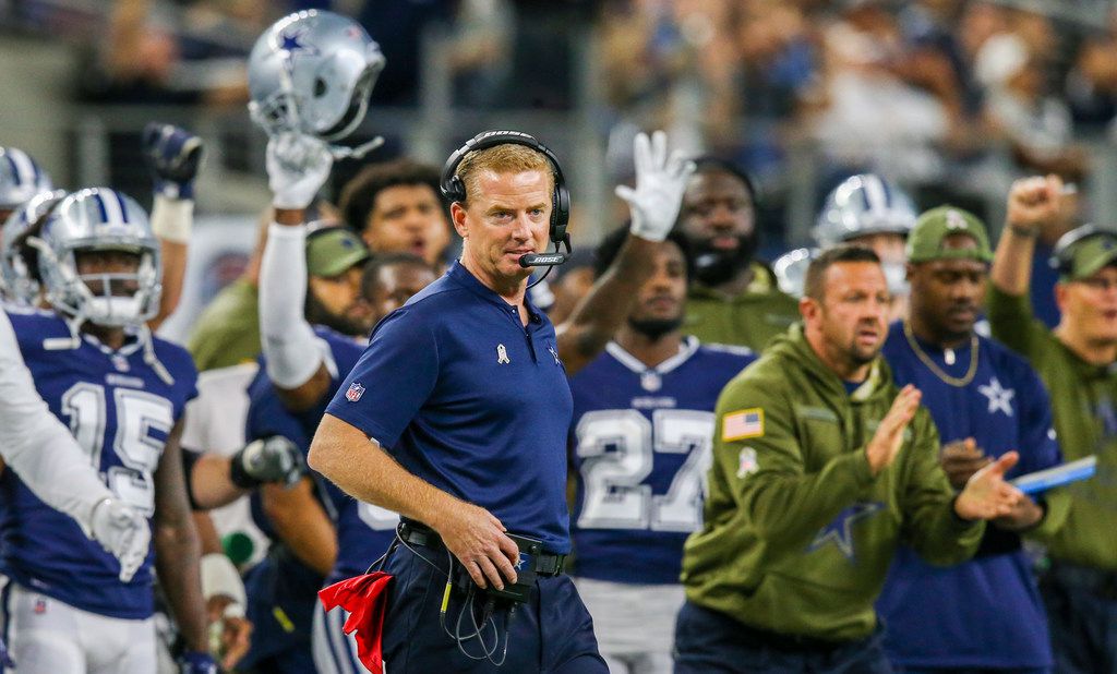 Dallas Cowboys head coach Jason Garrett reacts after the Titans missed a field goal during...