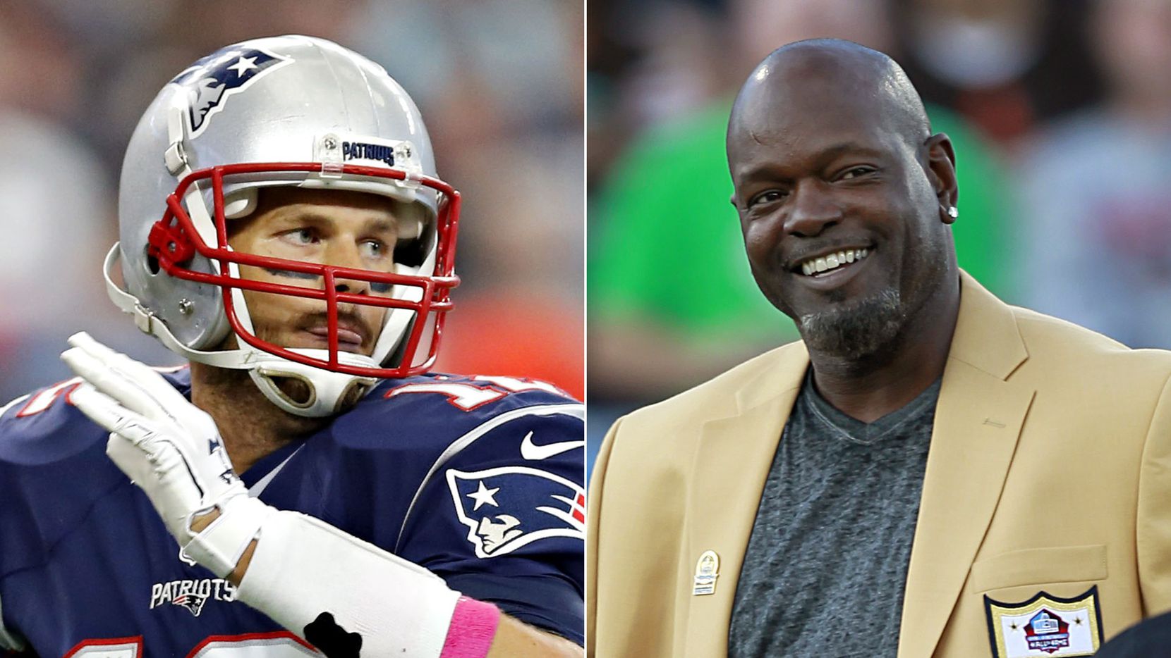 (Left): Former New England Patriots, current Tampa Bay Buccaneers quarterback Tom Brady;...