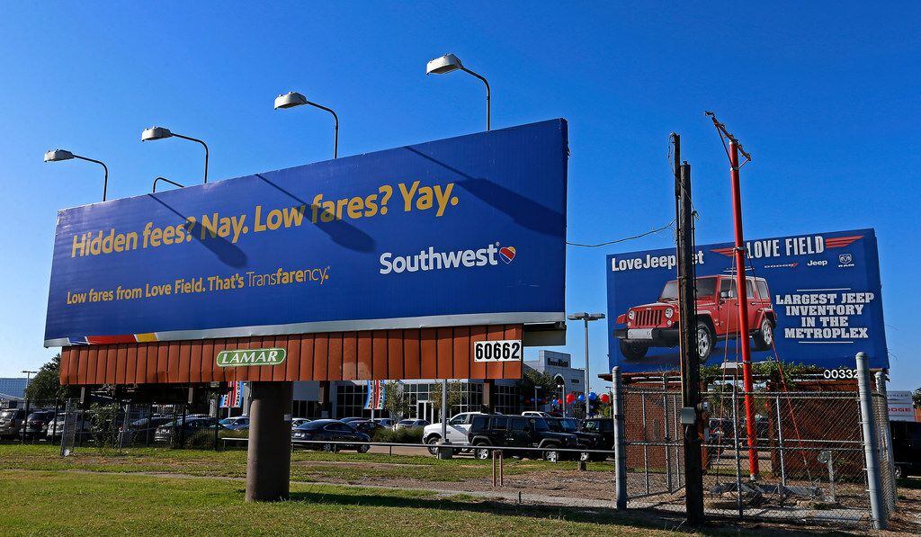 A Southwest Airlines billboard is seen on Mockingbird Lane near the Dallas Love Field airport.