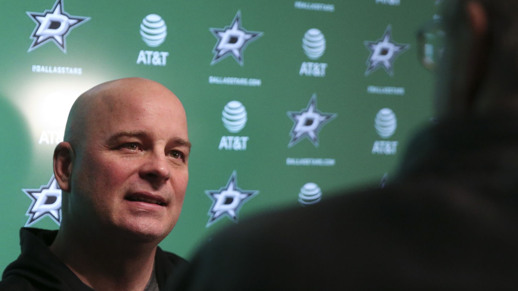 Dallas Stars Jim Montgomery gives remarks to the media following practice at Comerica Center...