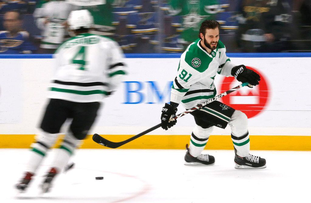 Dallas Stars center Tyler Seguin (91) skates during warmups before their game against the...