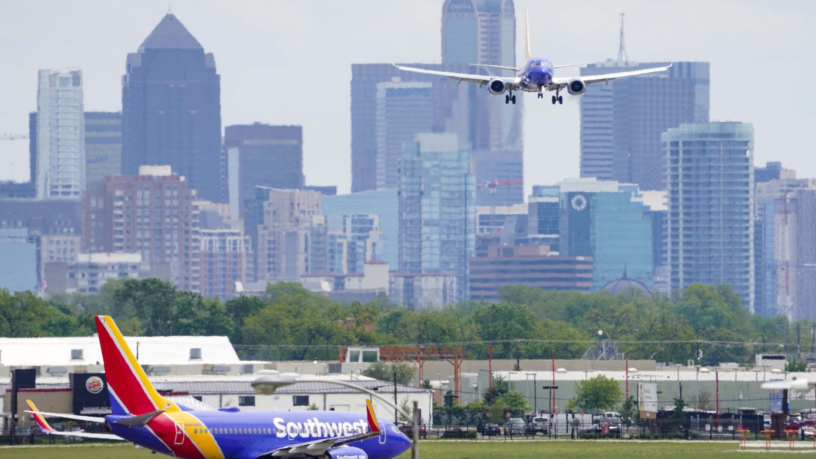 A Southwest Airlines 737 lands at Dallas Love Field on April 14, 2020.