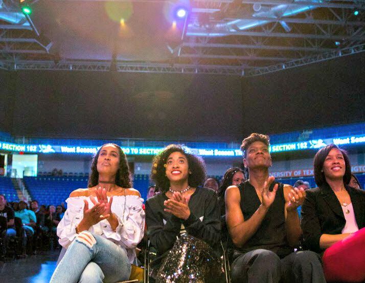 Players watch the Dallas Wings WNBA Draft at UTA's College Park Center in Arlington.
