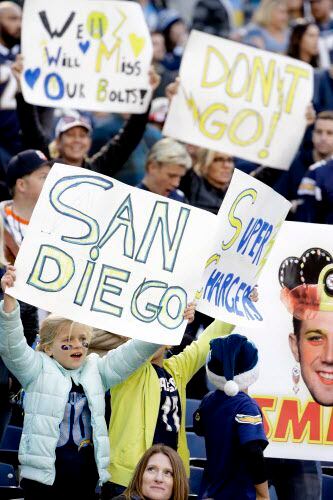 Fans de los Chargers pidiendo con pancartas que no se vayan de San Diego. Foto AP