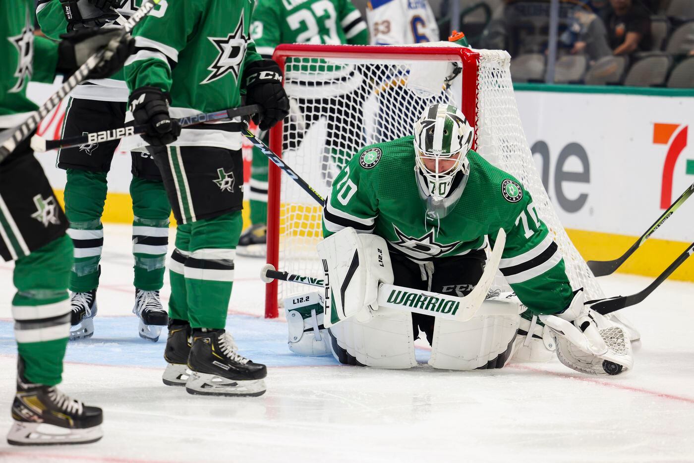 Dallas Stars goaltender Braden Holtby (70) blocks a St. Louis Blues goal during the second period of a Dallas Stars preseason game against St. Louis Blues on Tuesday, Oct. 5, 2021, at American Airlines Center in Dallas. (Juan Figueroa/The Dallas Morning News)