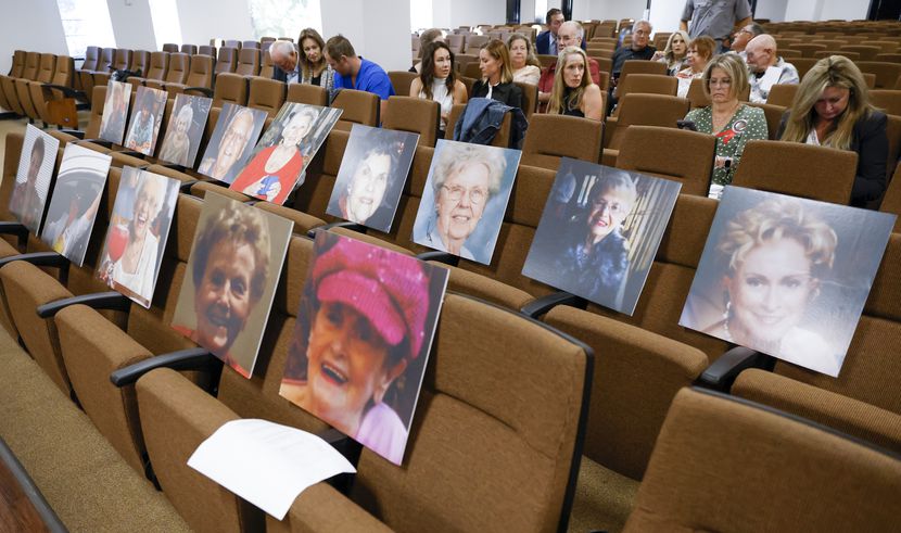 Photos of the victims of accused serial killer Billy Chemirmir rest on the central jury room...