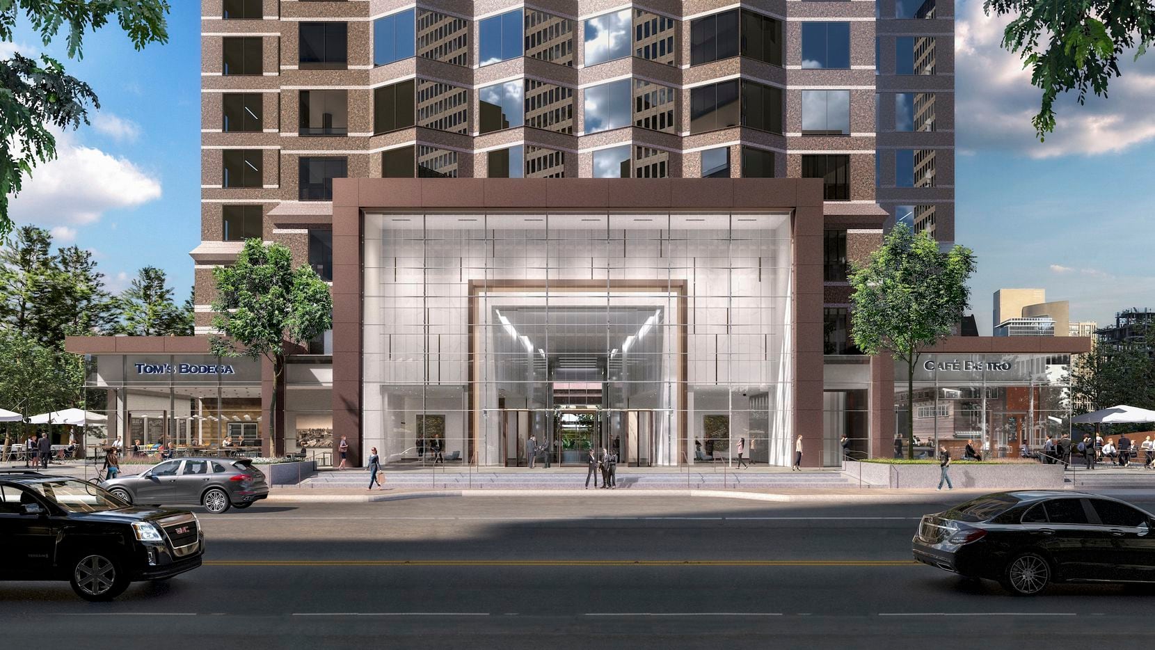 Trammell Crow Center will get a new glass entry and retail on Ross Avenue.