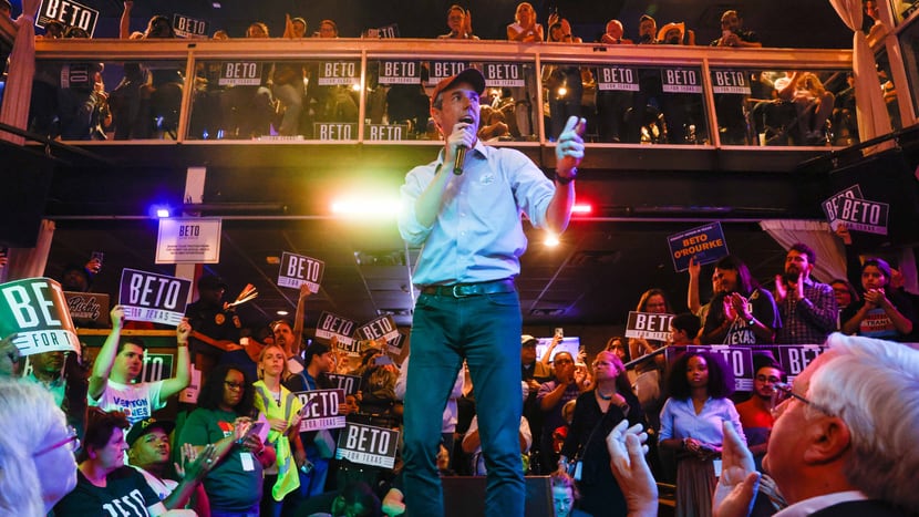 Texas gubernatorial candidate Beto O'Rourke encourages those around him to get to the polls...