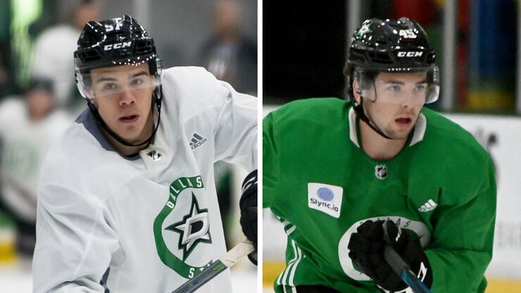 (From left to right) Forwards Logan Stankoven and Mavrik Bourque, two of the Dallas Stars'...