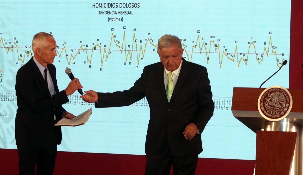 El periodista Jorge Ramos formula una pregunta al presidente de México, Andrés Manuel López...