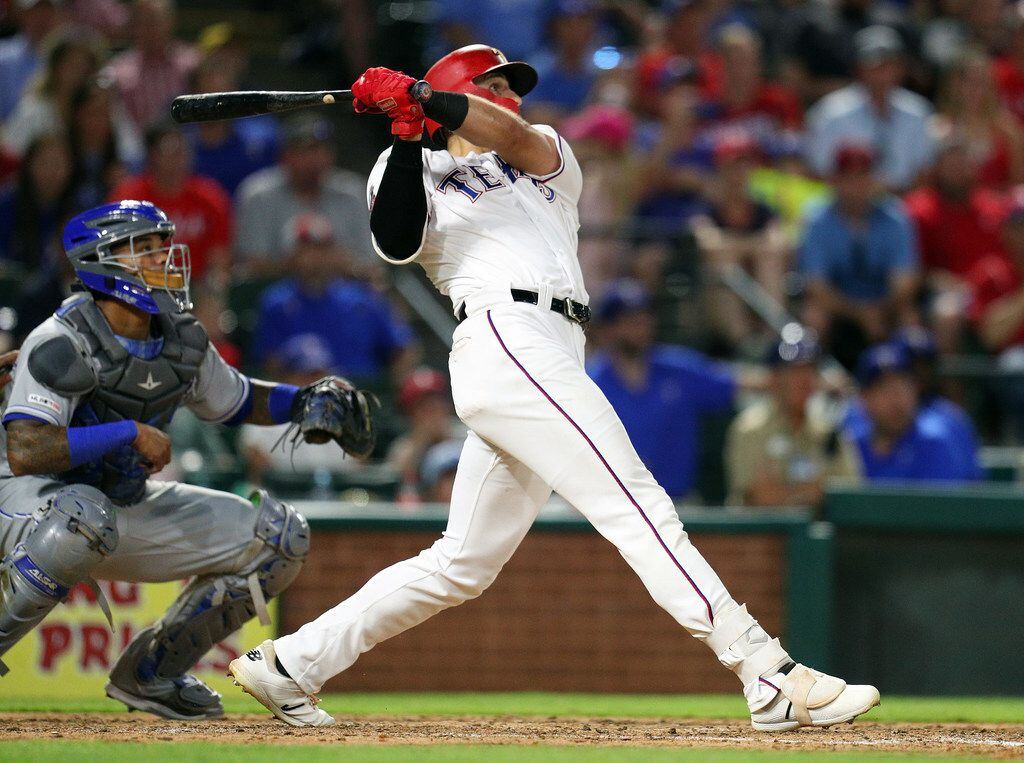 ARLINGTON, TEXAS - MAY 31: Joey Gallo #13 of the Texas Rangers watches his grand slam home run against the Kansas City Royals in the sixth inning at Globe Life Park in Arlington on May 31, 2019 in Arlington, Texas. (Photo by Richard Rodriguez/Getty Images)