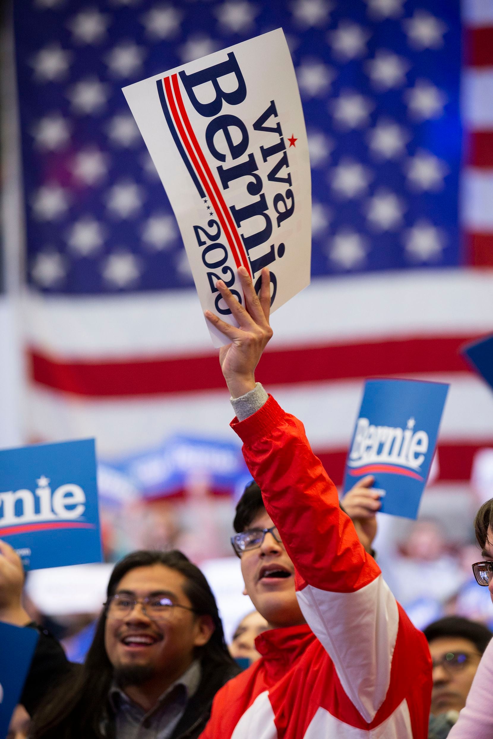 Fans cheer as Democratic presidential candidate Bernie Sanders, I-Vt., holds a Valentine's...