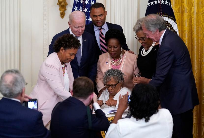 Opal Lee, 94, a Fort Worth civil rights icon, sits at the desk where President Joe Biden...