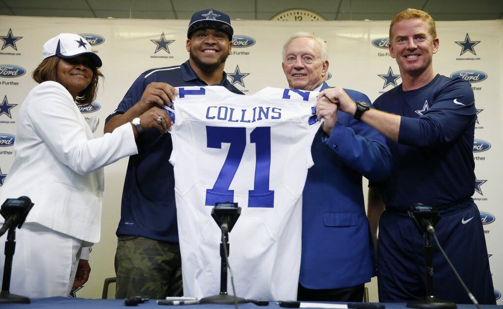 Standing with his mother, Loyetta Collins, former LSU offensive lineman La'el Collins is introduced as a member of the Dallas Cowboys with owner Jerry Jones and head coach Jason Garrett nearby during a press conference at Cowboys headquarters in Irving, Texas Thursday May 7, 2015. (Andy Jacobsohn/The Dallas Morning News)