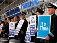 American Airlines first officer Ken Abernathy (right) joined pilots representing the Allied Pilots Association (APA) in rallying for a new contract.  They expected 300, but may more than that showed as they stood shoulder-to-shoulder with pickets outside Terminal D at Dallas-Fort Worth International Airport, Wednesday, January 29, 2020. They want American to improve scheduling, company transparency and accountability, and quality of work life. (Tom Fox/The Dallas Morning News)