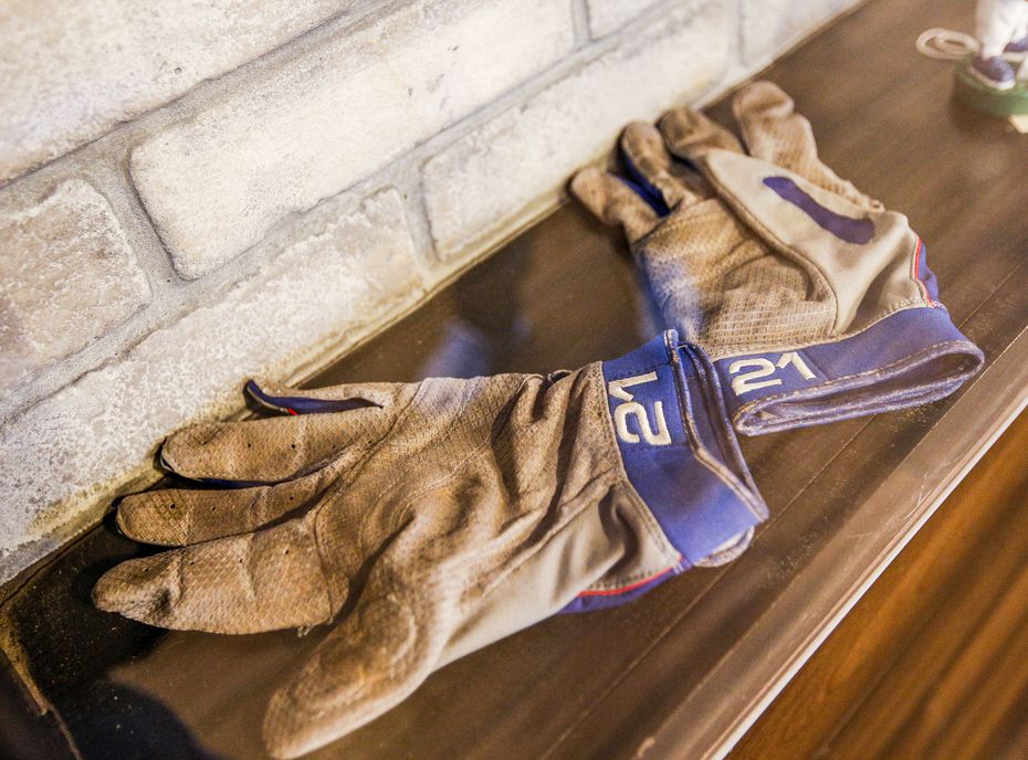The gloves that Sammy Sosa wore when he hit his 600th career home run are on display at Rangers Republic restaurant inside Texas Live in Arlington.