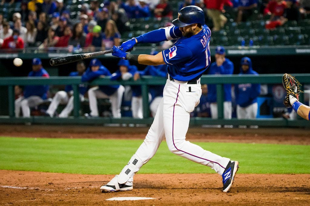 Texas Rangers first baseman Joey Gallo singles off of Toronto Blue Jays relief pitcher...