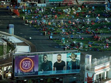 Debris litters a festival grounds across the street from the Mandalay Bay resort and casino...