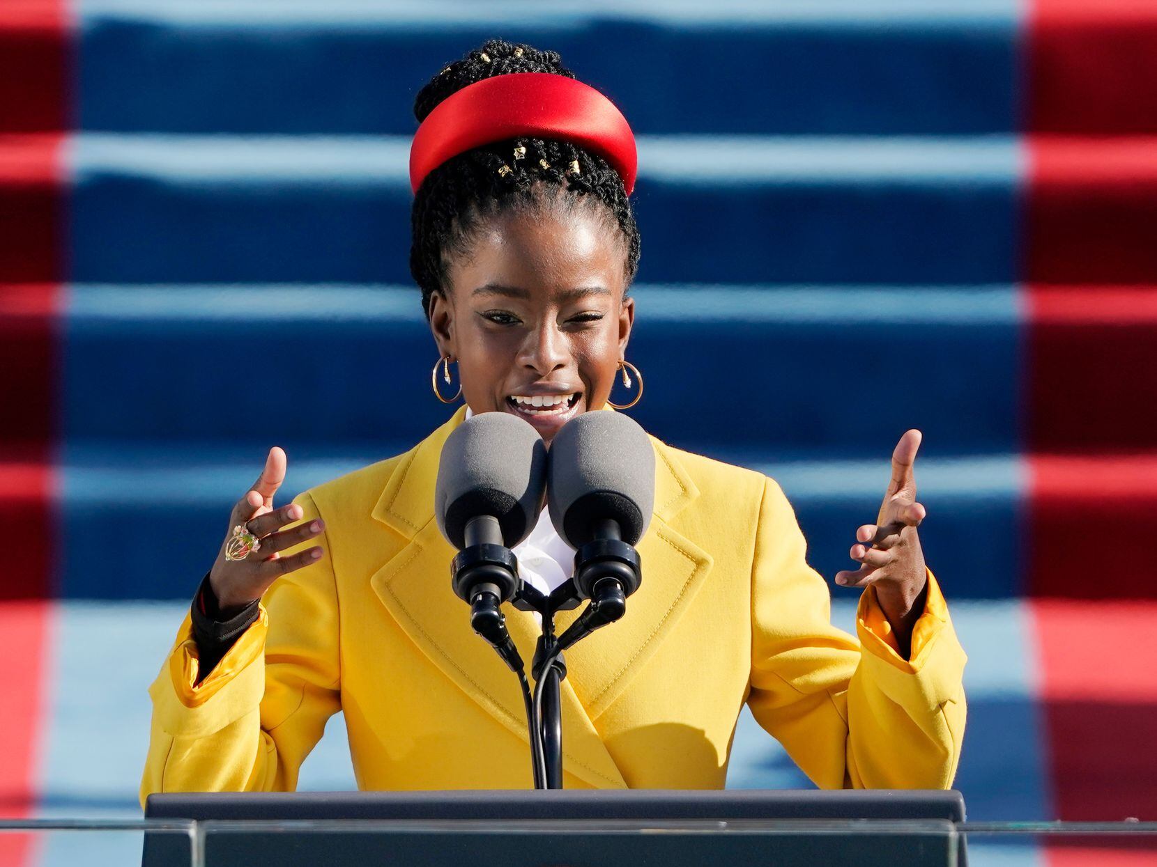 American poet Amanda Gorman reads a poem during the 59th Presidential Inauguration at the...
