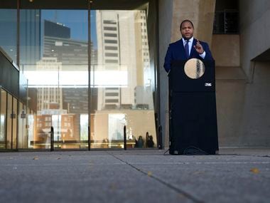 Mayor Eric Johnson speaks during a press conference in front of Dallas City Hall on Wednesday, November 18, 2020 in Dallas.