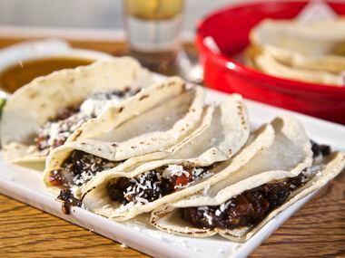 Huitlacoche (corn fungus) tacos at the Revolver Taco Lounge in Fort Worth