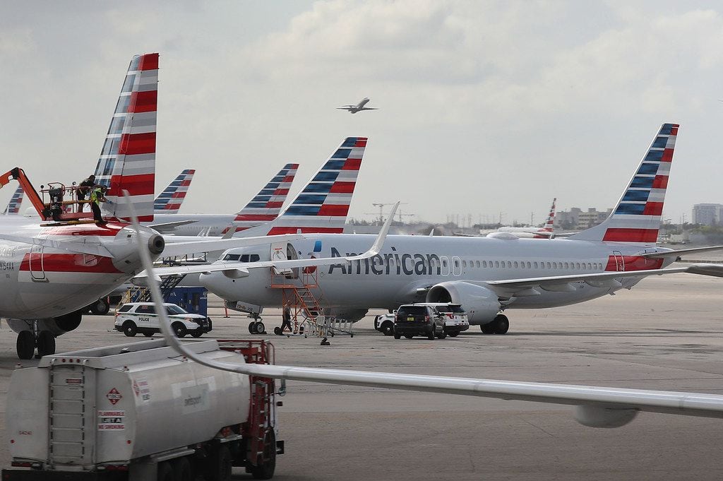 A grounded American Airlines Boeing 737 Max 8 is seen parked at Miami International Airport...