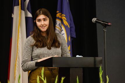 Texas A&M University-Commerce senior Hannah Escobedo, 21, spoke during the grand opening of...