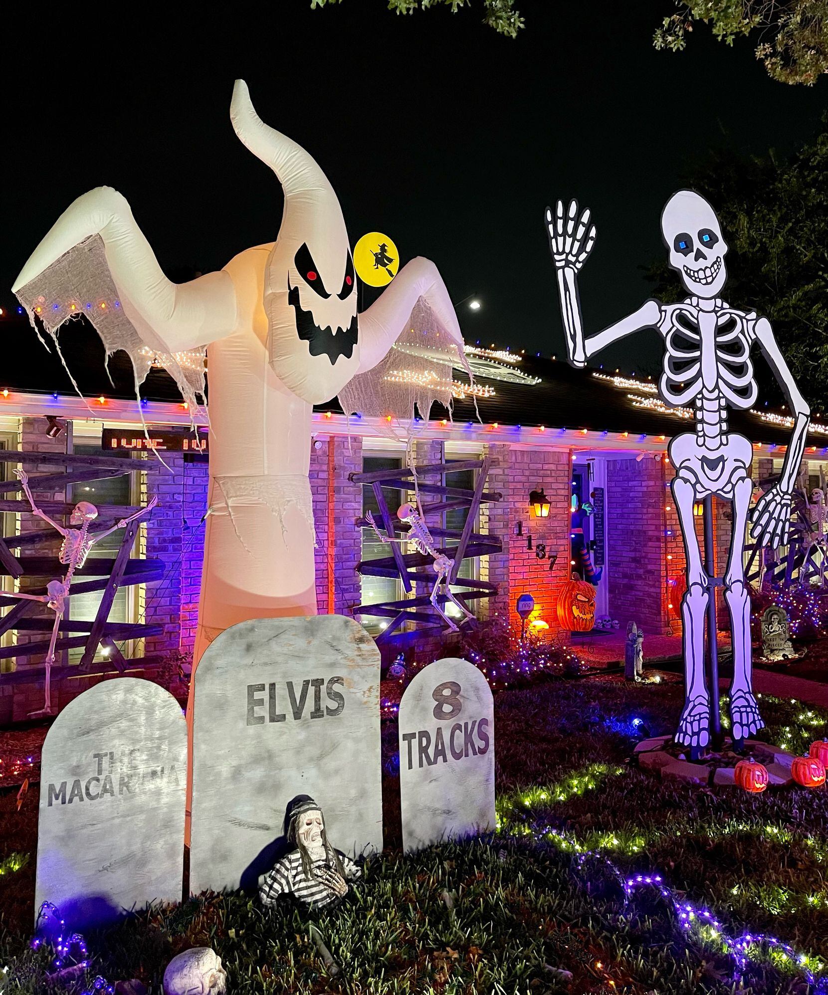 The Halloween decorations are set to festive music, including "Monster Mash," "Thriller" and...