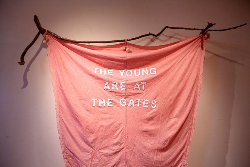 The Young Are at the Gates, 2018, Vintage Military Parachute, Embroidery thread, branches;...