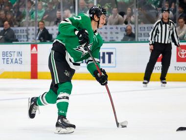 Dallas Stars left wing Mason Marchment (27) takes a shot on the Los Angeles Kings goal...