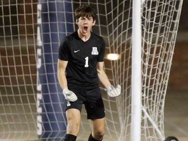 Allen goalkeeper Jackson Leavitt (1) celebrates a stop during the shootout which followed three overtimes as Allen High School hosted Keller High School in the Class 6A Region I semifinal soccer match at Eagle Stadium in Allen on Tuesday, April 6, 2021.