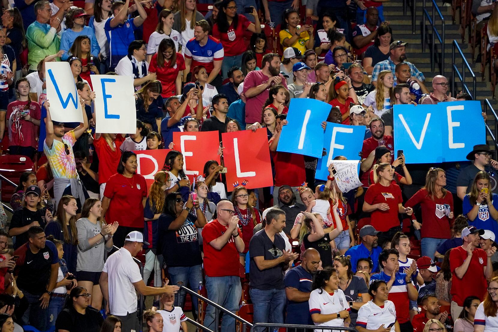 Fans cheer the USA during the second half of a SheBelieves Cup soccer game against Japan on...