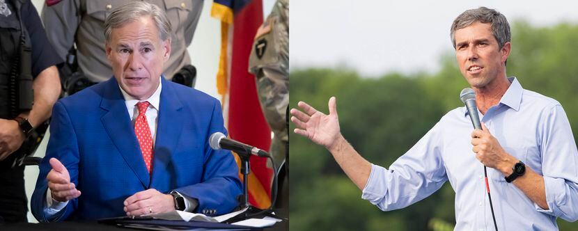 LEFT PHOTO -- Texas Governor Greg Abbott, answered a question during a press conference at...