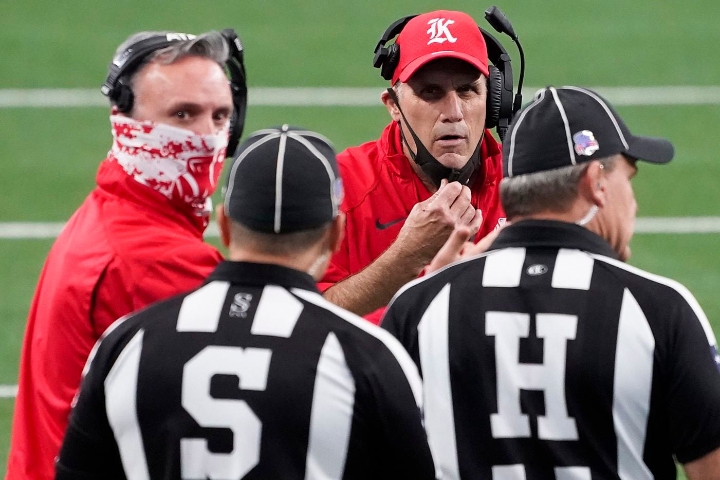 Katy head coach Gary Joseph argues a call during the first half of the Class 6A Division II state football championship game against Cedar Hill at AT&T Stadium on Saturday, Jan. 16, 2021, in Arlington, Texas.