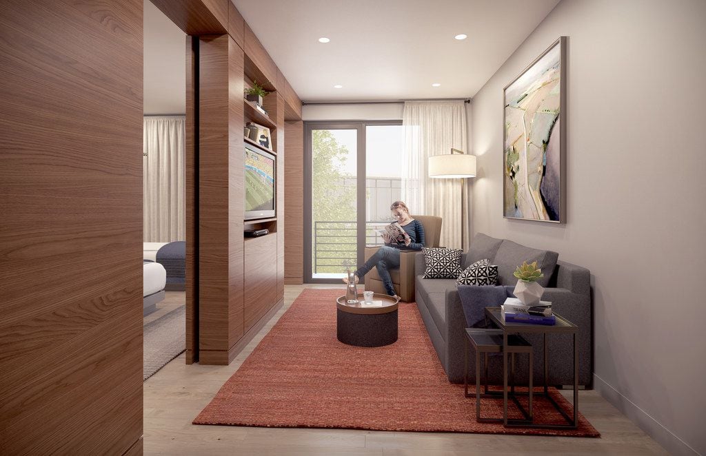 Artist's rendering of the guest suite's living area at the Gene and Jerry Jones Family Hope...