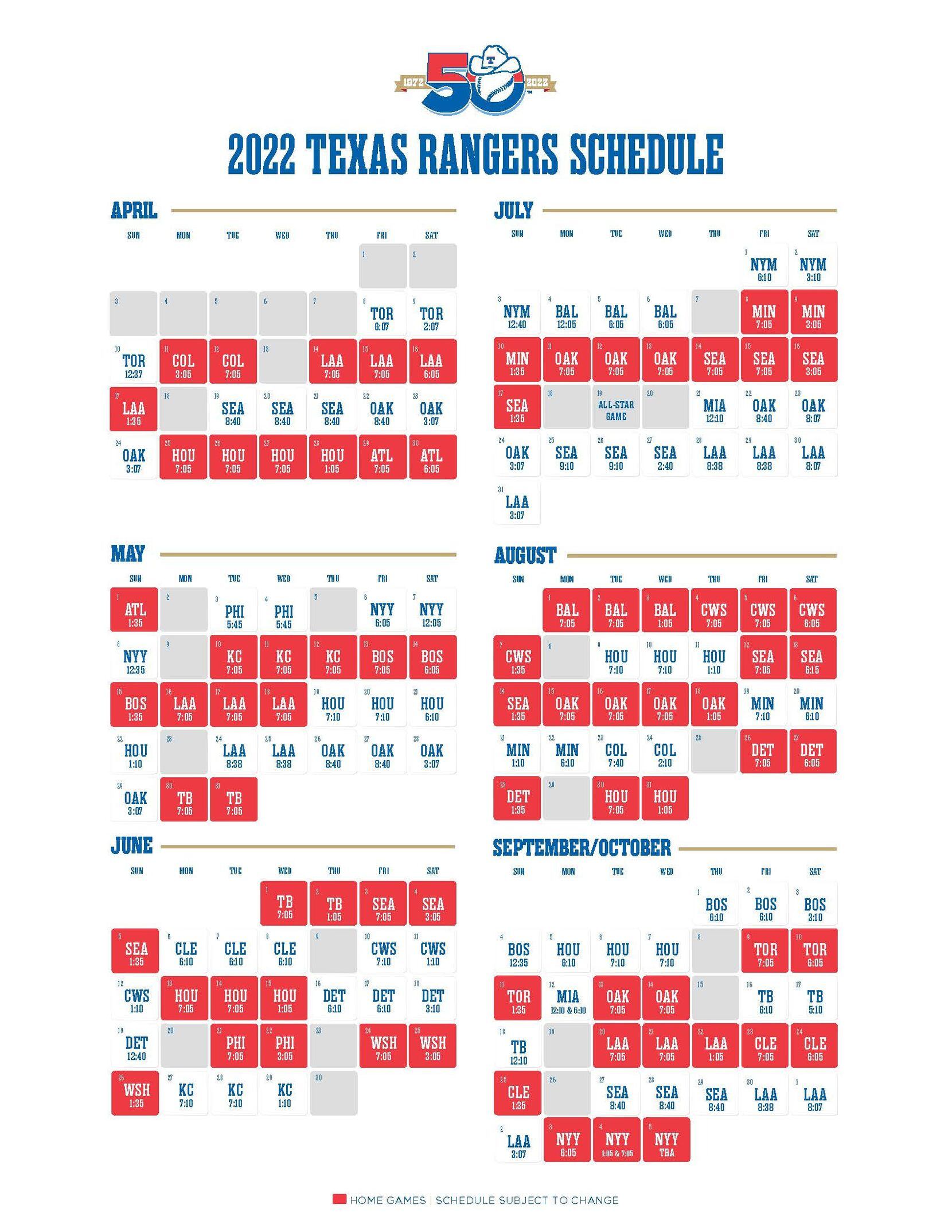 Calendario de los Texas Rangers para la temporada 2022.