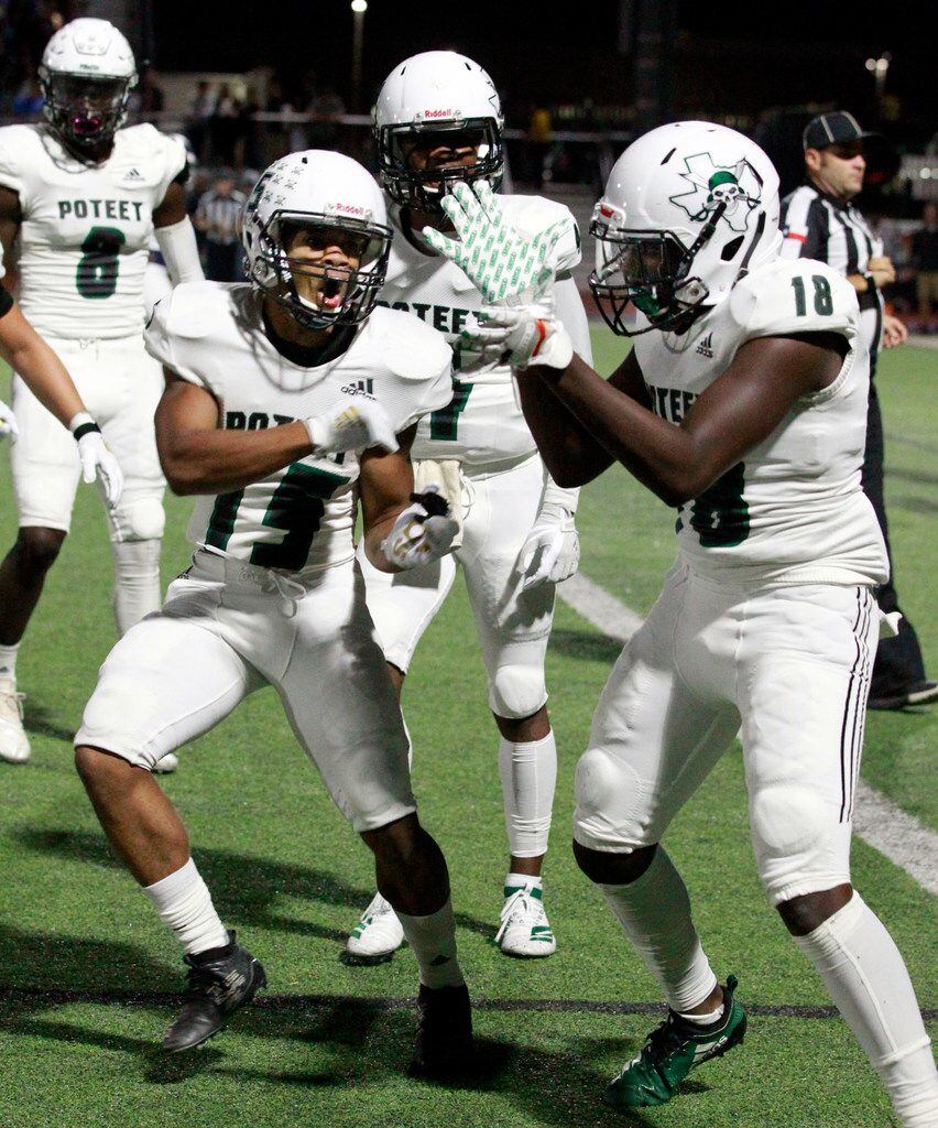 Poteet High's Xzaveon Jeans (15) celibrates with teammate De'Vyon Camps (18) after Camp's...