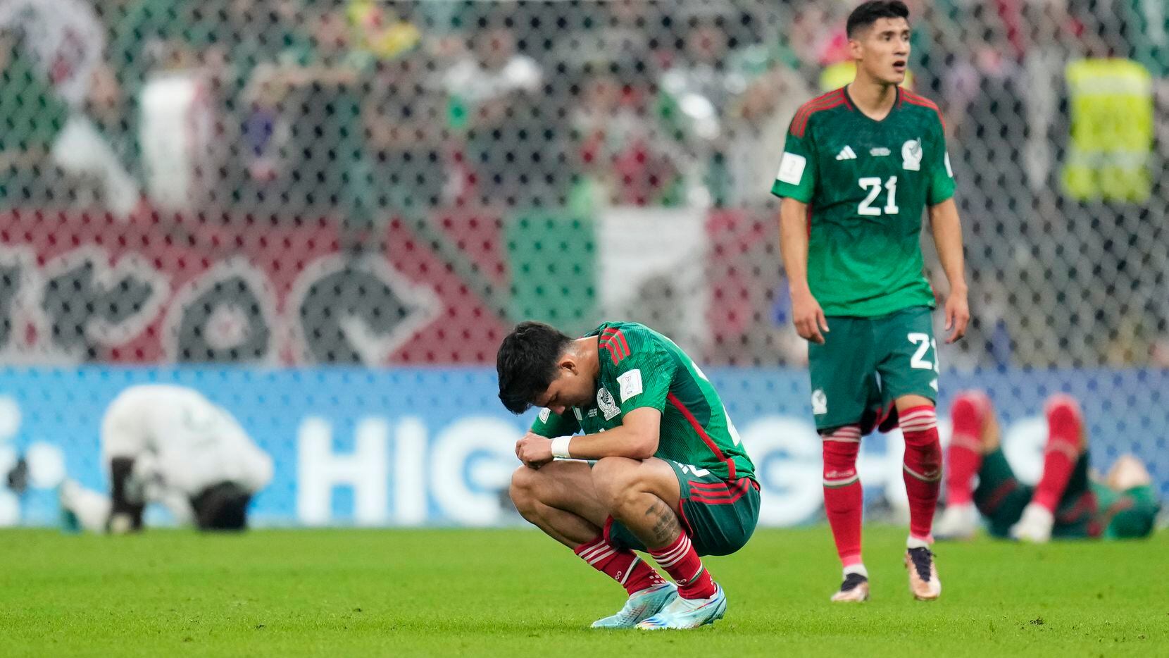 Mexico's Kevin Alvarez retracts after the World Cup group C soccer match between Saudi...